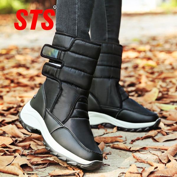 boots sts women's winter snow keep warm mid-calf boot ladies hiking shoes with fur outdoor waterproof footwear plus size, Black