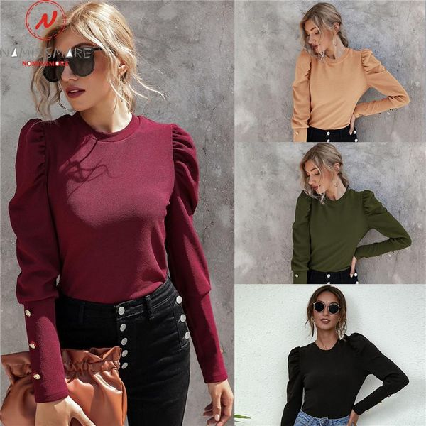 women's t-shirt fashion women solid color t-shirts button decor o-neck long lantern sleeve spring autumn slim pullovers top, White
women's t-shirt fashion women solid color t-shirts button decor o-neck long lantern sleeve spring autumn slim pullovers top, White