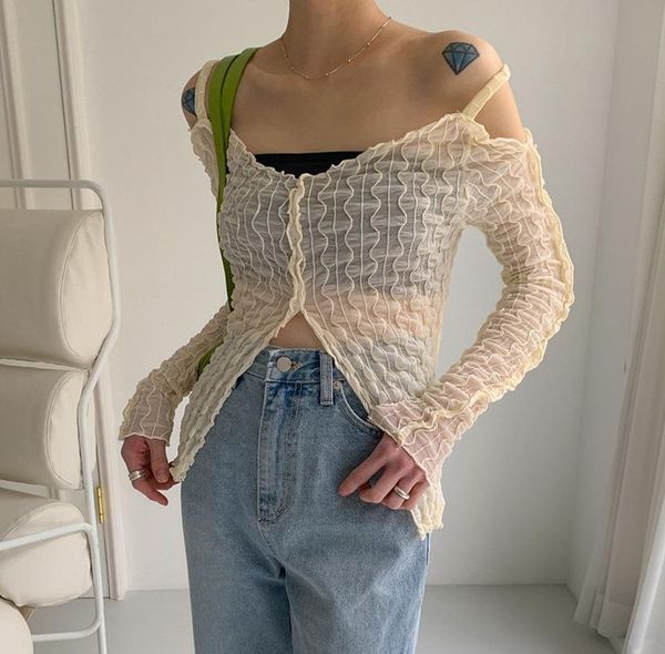 women's t-shirt y2k fashion aesthetics strapless zipper slit e-girl ruffled long sleeve transparent clothing women, White
women's t-shirt y2k fashion aesthetics strapless zipper slit e-girl ruffled long sleeve transparent clothing women, White