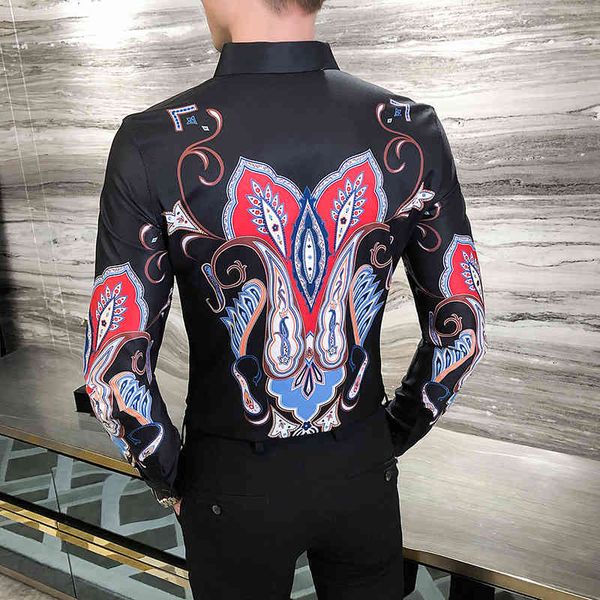 men's luxury printing autumn sleeve long floral club thin social shirt, White;black
men's luxury printing autumn sleeve long floral club thin social shirt, White;black