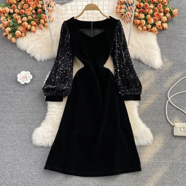 casual dresses autumn light ripe wind mid-length square neck velvet stitching sequined puff sleeve waist slim slimming split dress, Black;gray
casual dresses autumn light ripe wind mid-length square neck velvet stitching sequined puff sleeve waist slim slimming split dress, Black;gray