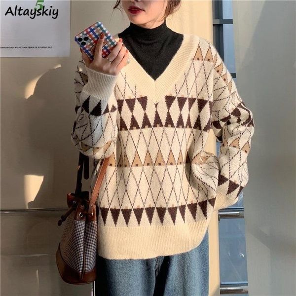 women's sweaters pullovers women v-neck argyle oversize autumn winter retro schoolgirls knitted womens warm daily all-match arrival, White;black
women's sweaters pullovers women v-neck argyle oversize autumn winter retro schoolgirls knitted womens warm daily all-match arrival, White;black