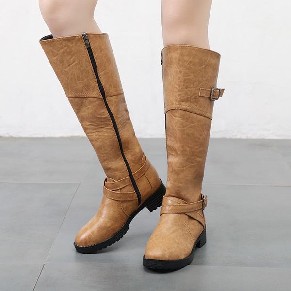 boots autumn winter womens knee high calf biker ladies zip punk military combat army party women's shoes, Black