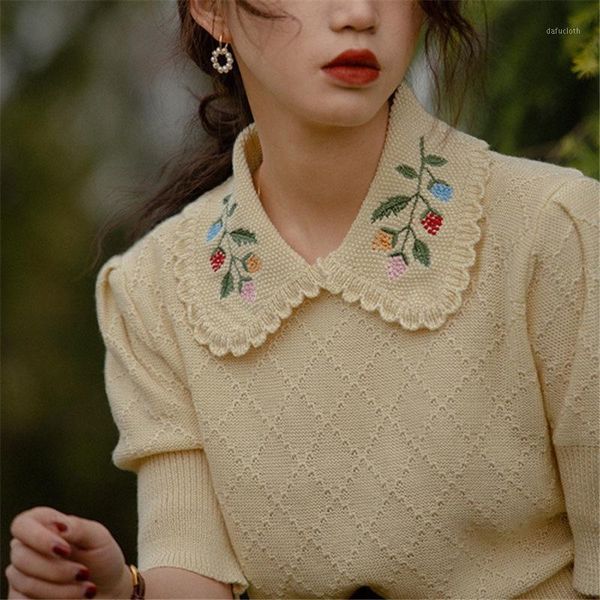 summer retro chic french doll neck embroidered knit short-sleeved sweater woman women's t-shirt, White
summer retro chic french doll neck embroidered knit short-sleeved sweater woman women's t-shirt, White