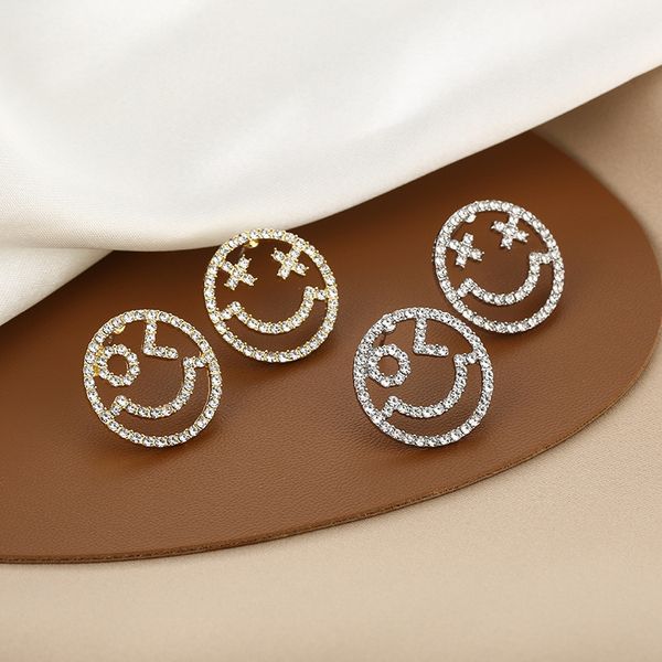 925 silver needle personalized smile face inlaid with diamond asymmetric korean fashion design versatile earrings and earrings, Golden 
925 silver needle personalized smile face inlaid with diamond asymmetric korean fashion design versatile earrings and earrings, Golden