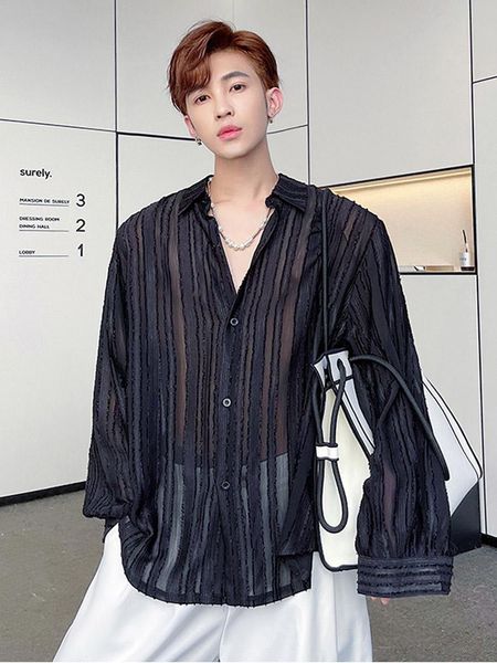men's casual shirts man korean net celebrities trend fashion dress shirt translucent stripe men long sleeve loose male, White;black
men's casual shirts man korean net celebrities trend fashion dress shirt translucent stripe men long sleeve loose male, White;black