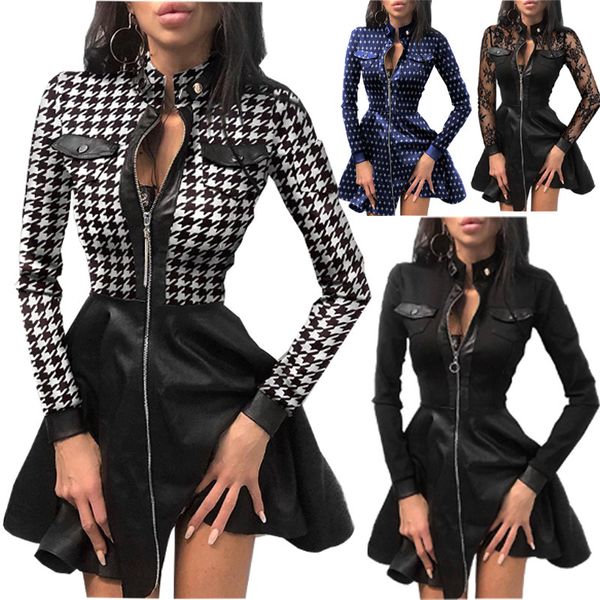 women's dresses 2021 thousand bird print zipper poet pu 2102, Black;gray
