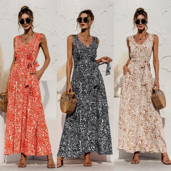 casual dresses women long dress 2021 summer v-neck loose leopard printing belt ankle-length elegent female, Black;gray 
casual dresses women long dress 2021 summer v-neck loose leopard printing belt ankle-length elegent female, Black;gray