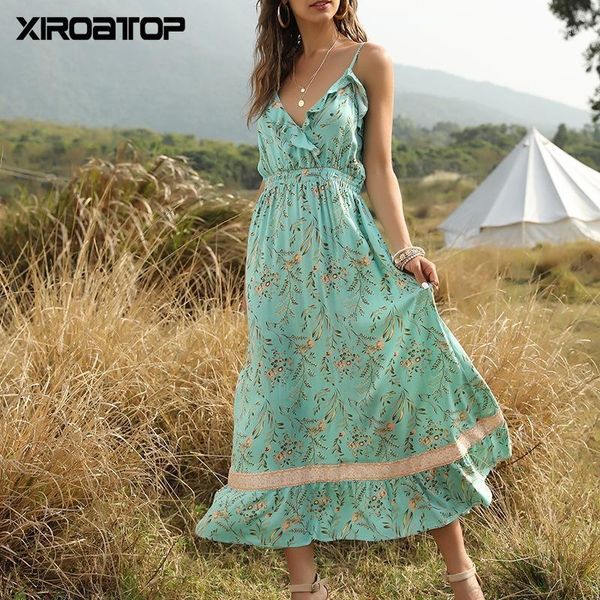 summer beach holiday dress women casual floral print elegant boho long ruffle spaghetti strap v-neck party robe dresses, Black;gray
summer beach holiday dress women casual floral print elegant boho long ruffle spaghetti strap v-neck party robe dresses, Black;gray