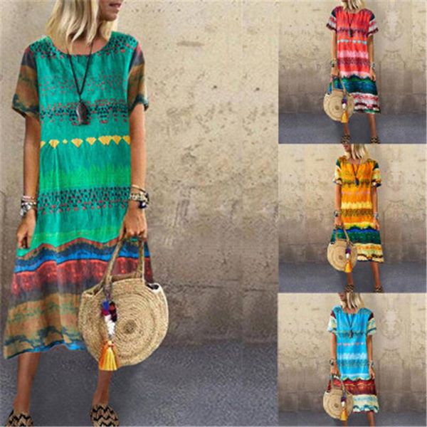 short sleeve printed womens dresses fashion trend summer casual round neck print loose skirts designer female long section plus size dress, Black;gray
short sleeve printed womens dresses fashion trend summer casual round neck print loose skirts designer female long section plus size dress, Black;gray