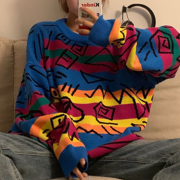 knitted cashmere sweaters sweater womens autumn and winter loose pullover sweater lazy wind graffiti couple rainbow stripe top, White;black
knitted cashmere sweaters sweater womens autumn and winter loose pullover sweater lazy wind graffiti couple rainbow stripe top, White;black