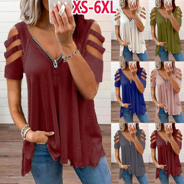 womens fashion summer clothes casual off shoulder short sleeved deep v-neck zipper blouses ladies solid color t-shirt loose plus size, White
womens fashion summer clothes casual off shoulder short sleeved deep v-neck zipper blouses ladies solid color t-shirt loose plus size, White