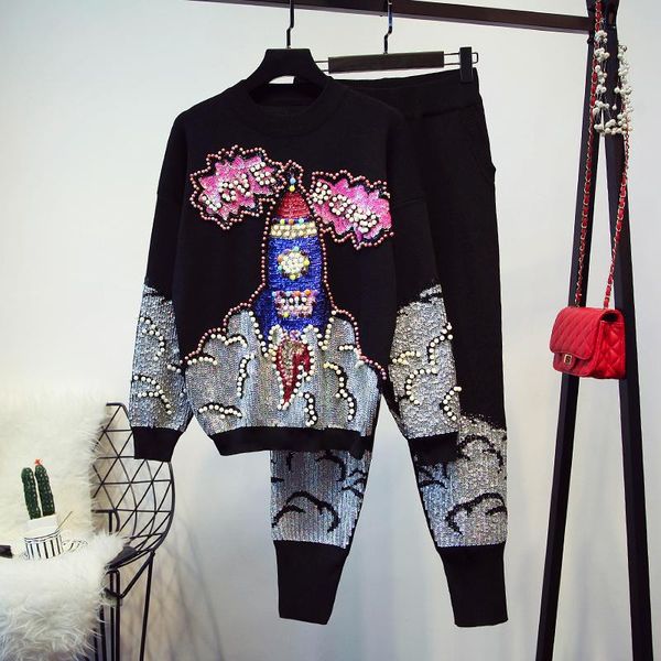 winter sequins beaded long sleeved loose knit casual pants suit letters women's two piece, White
winter sequins beaded long sleeved loose knit casual pants suit letters women's two piece, White