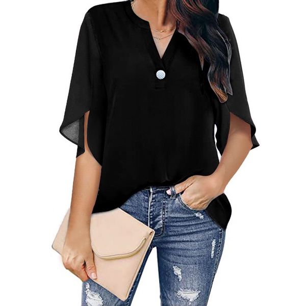 women loose blouses summer short sleeve casual shirts v neck chiffon blouse, White
women loose blouses summer short sleeve casual shirts v neck chiffon blouse, White