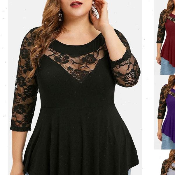 40 women shirt plus size solid floral patchwork lace o neck asymmetric three quarter blouse roupa feminina mujer, White
40 women shirt plus size solid floral patchwork lace o neck asymmetric three quarter blouse roupa feminina mujer, White