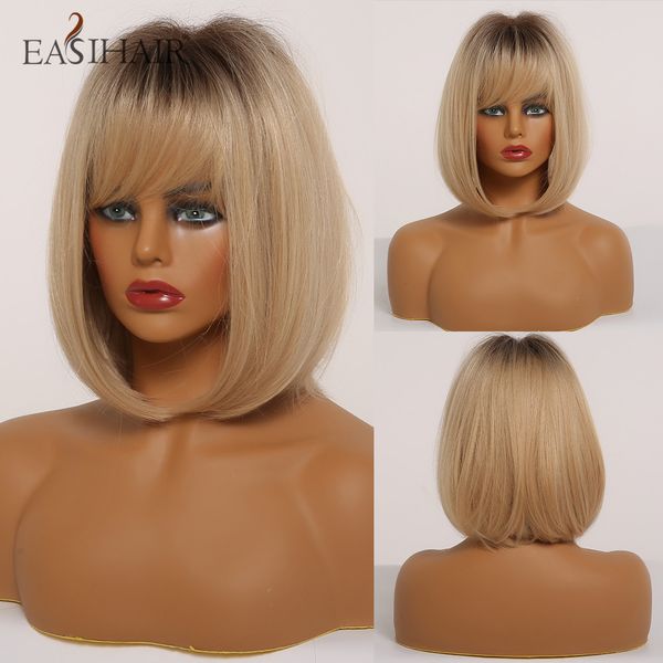 brown to blonde ombre straight bob synthetic wigs for women medium length hair bob wig with bangs wigs heat resistant, Black
brown to blonde ombre straight bob synthetic wigs for women medium length hair bob wig with bangs wigs heat resistant, Black