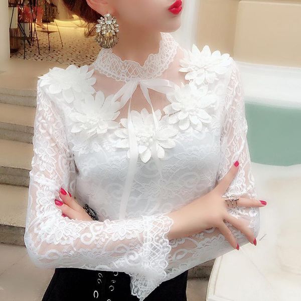 women's blouses & shirts elegant bow tie mesh patchwork korean blouse spring autumn flower hollow out shirt sweet long-sleeved women la, White
women's blouses & shirts elegant bow tie mesh patchwork korean blouse spring autumn flower hollow out shirt sweet long-sleeved women la, White