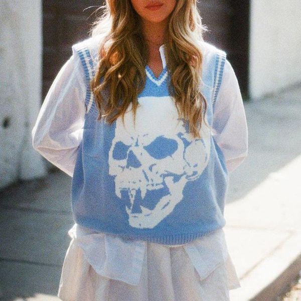 women's vests 2021 fashion women loose knitted vest, autumn sleeveless v-neck skull print pullover (blue) warm wear streetwear, Black;white
women's vests 2021 fashion women loose knitted vest, autumn sleeveless v-neck skull print pullover (blue) warm wear streetwear, Black;white