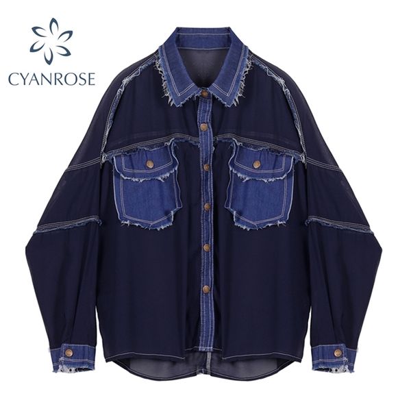 women's hollow out mesh denim patchwork blouse summer fashion streetwear lapel long sleeve female casual shirts 210430, White
women's hollow out mesh denim patchwork blouse summer fashion streetwear lapel long sleeve female casual shirts 210430, White