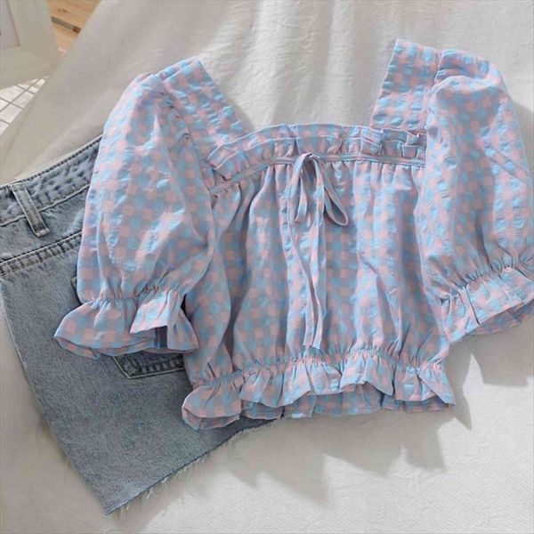 summer harajuku plaid women shirts crop vintage puff sleeve ruffle femme fashion, White
summer harajuku plaid women shirts crop vintage puff sleeve ruffle femme fashion, White