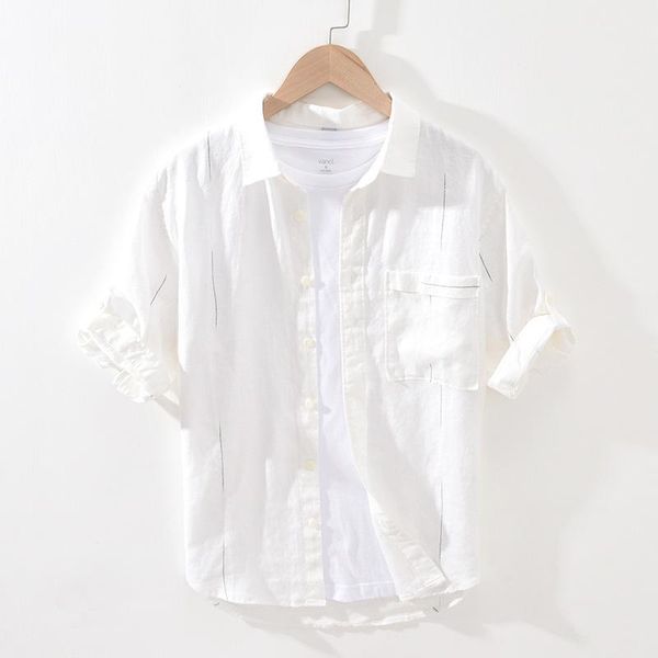men's casual shirts linen half sleeve summer square collar shirt, White;black