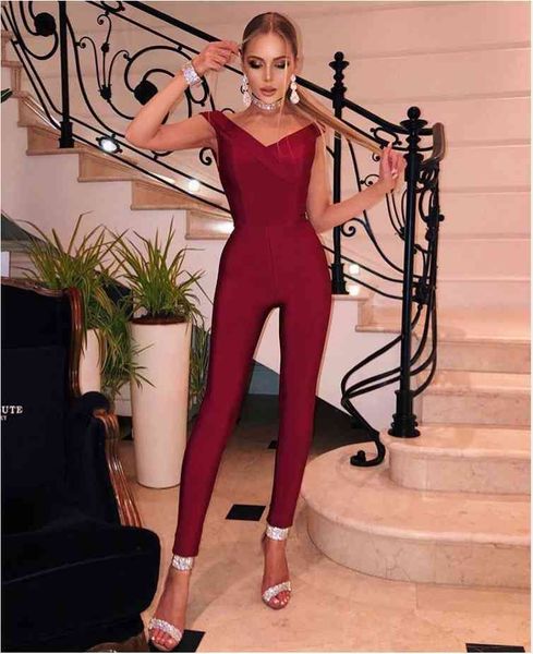 capris vero sinly women winter fashion off shoulder burgundy chic bandage jumpsuit 2021 celebrity designer bodycon rompers, Black;white