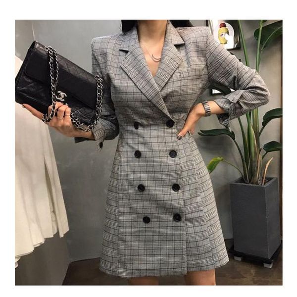 women's suits & blazers 2021 autumn plaid double breasted notched collar dress europe america office lady slim gray skirt, White;black
women's suits & blazers 2021 autumn plaid double breasted notched collar dress europe america office lady slim gray skirt, White;black