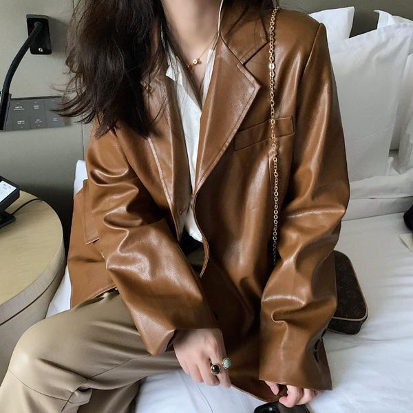 women's leather & faux 2021 pu blazers women loose jacket coat autumn winter jackets outerwear female, Black
women's leather & faux 2021 pu blazers women loose jacket coat autumn winter jackets outerwear female, Black