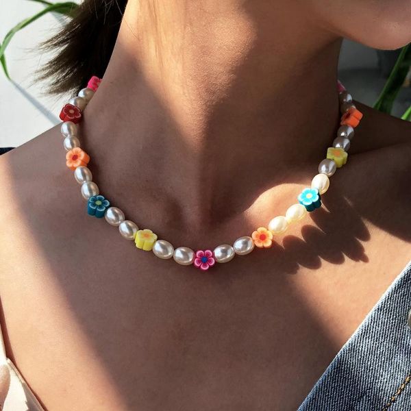chokers bohemian imitation pearl necklace for women sweet girls choker chain multicolor flower beads clavicle jewelry, Golden;silver 
chokers bohemian imitation pearl necklace for women sweet girls choker chain multicolor flower beads clavicle jewelry, Golden;silver