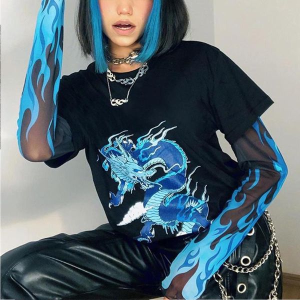 women's t-shirt blue fire flame print women tshirt y2k harajuku long sleeve ladies patchwork dragon female gothic tee shirt, White 
women's t-shirt blue fire flame print women tshirt y2k harajuku long sleeve ladies patchwork dragon female gothic tee shirt, White