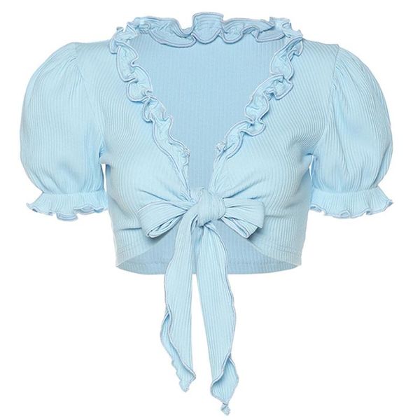 women's t-shirt women summer vintage short puff sleeve crop ruffles trim deep v-neck ribbed knit tie knot front blue casual sli, White
women's t-shirt women summer vintage short puff sleeve crop ruffles trim deep v-neck ribbed knit tie knot front blue casual sli, White