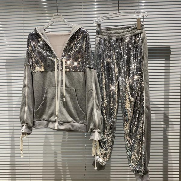 net red fall sequined zipper hoodie stitching leggings sports suit women fashion women's two piece pants, White
net red fall sequined zipper hoodie stitching leggings sports suit women fashion women's two piece pants, White