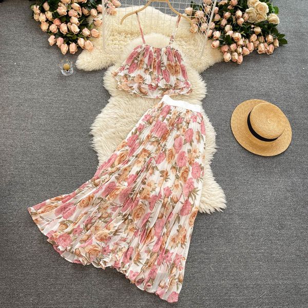 two piece dress seaside holiday suit sling short female heavy industry pleated chiffon skirt sweet floral two-piece 3t89, White
two piece dress seaside holiday suit sling short female heavy industry pleated chiffon skirt sweet floral two-piece 3t89, White