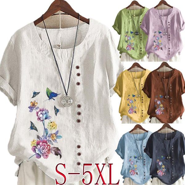 women's t-shirt fashion linen shirt flower printed summer short sleeve o-neck loose blouse s-5xl, White
women's t-shirt fashion linen shirt flower printed summer short sleeve o-neck loose blouse s-5xl, White