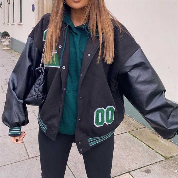 women retro patchwork bomber jacket leather sleeves single-breasted baseball jakets harajuku casual sports loose coat 211014, Black;brown
women retro patchwork bomber jacket leather sleeves single-breasted baseball jakets harajuku casual sports loose coat 211014, Black;brown