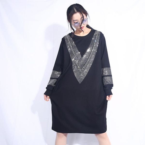 casual dresses fashion tide rhinestone patchwork round collar large size black for women long sleeve loose clothing jc332, Black;gray 
casual dresses fashion tide rhinestone patchwork round collar large size black for women long sleeve loose clothing jc332, Black;gray