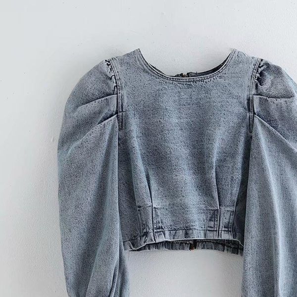 women blouses vintage puff sleeve pleats denim casual short ladies neck back zipper chic shirt autumn jeans blusas ls4500, White
women blouses vintage puff sleeve pleats denim casual short ladies neck back zipper chic shirt autumn jeans blusas ls4500, White