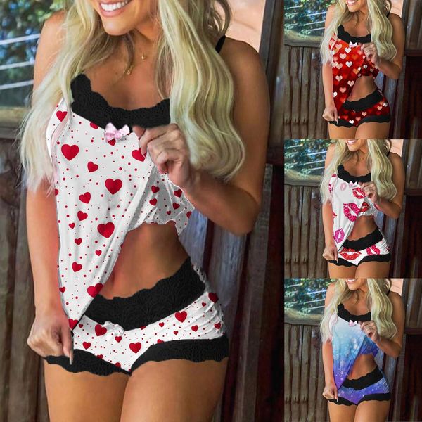 summer pajama suit fashion women sleepwear heart print sleeveless lace cami shorts lingerie set female clothes, Black;red
summer pajama suit fashion women sleepwear heart print sleeveless lace cami shorts lingerie set female clothes, Black;red