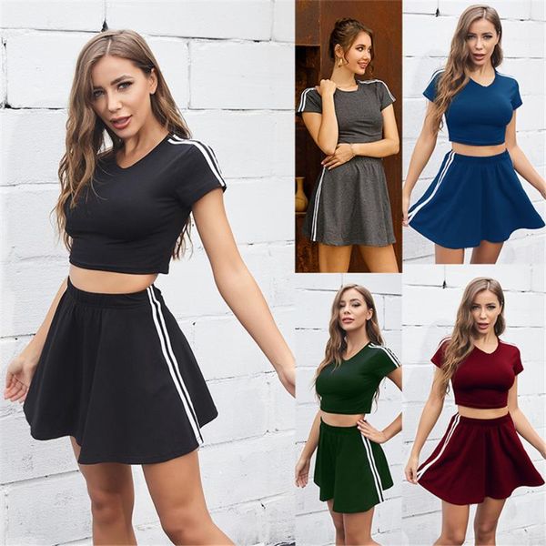 running sets 2 pcs women summer sportswear suits solid color striped short sleeve high waist skirt gym fitness sport clothing set, Black;blue
running sets 2 pcs women summer sportswear suits solid color striped short sleeve high waist skirt gym fitness sport clothing set, Black;blue