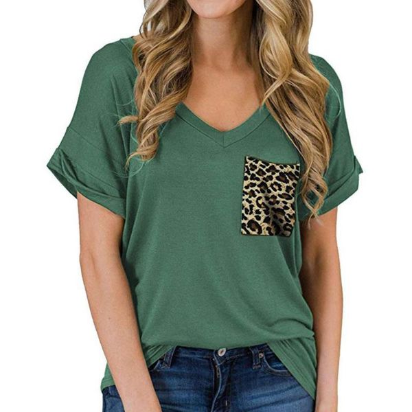 women's t-shirt women solid color v neck short sleeve stitching leopard pocket loose, White
women's t-shirt women solid color v neck short sleeve stitching leopard pocket loose, White