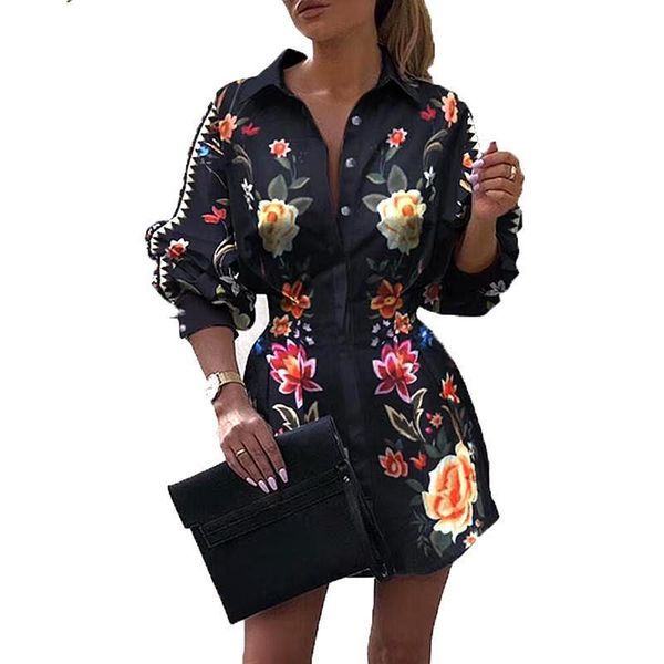 womens dresses fashion women printed flowers dress black long lantern sleeve brand draw back clotehs drop, Black;gray