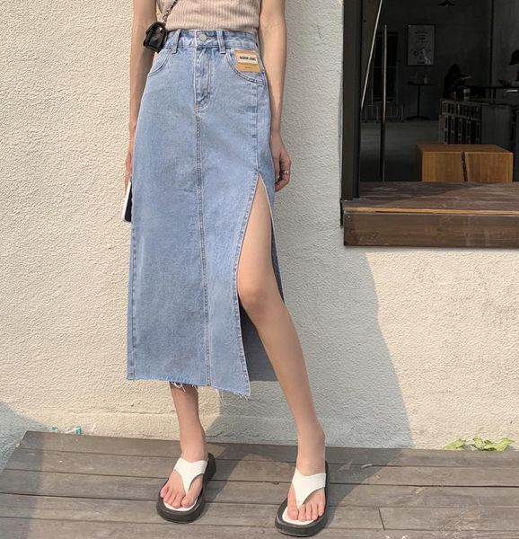 skirts a-line denim skirt side slit split girl streetwear, Black 
skirts a-line denim skirt side slit split girl streetwear, Black