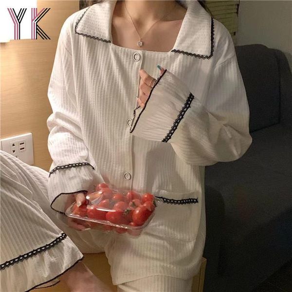 women's two piece pants striped button cardigan + ruffled straight pajama set cotton sweet home clothing two-piece korean casual suit, White
women's two piece pants striped button cardigan + ruffled straight pajama set cotton sweet home clothing two-piece korean casual suit, White