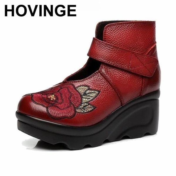 boots hovinge 2021 fashion women autumn genuine leather handmade vintage flower embroidered ankle botines wedges shoes woman, Black 
boots hovinge 2021 fashion women autumn genuine leather handmade vintage flower embroidered ankle botines wedges shoes woman, Black