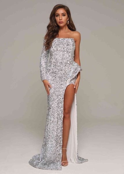 dress silver one-shoulder sequined elegant celebrity evening wedding party night club high slit women dresses, Black;gray
dress silver one-shoulder sequined elegant celebrity evening wedding party night club high slit women dresses, Black;gray