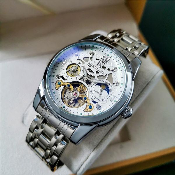 wristwatches aokulasic hollow out tourbillon mechanical men wristwatch safety push button hidden clasp 3bar waterproof moon phase watch, Slivery;brown
wristwatches aokulasic hollow out tourbillon mechanical men wristwatch safety push button hidden clasp 3bar waterproof moon phase watch, Slivery;brown