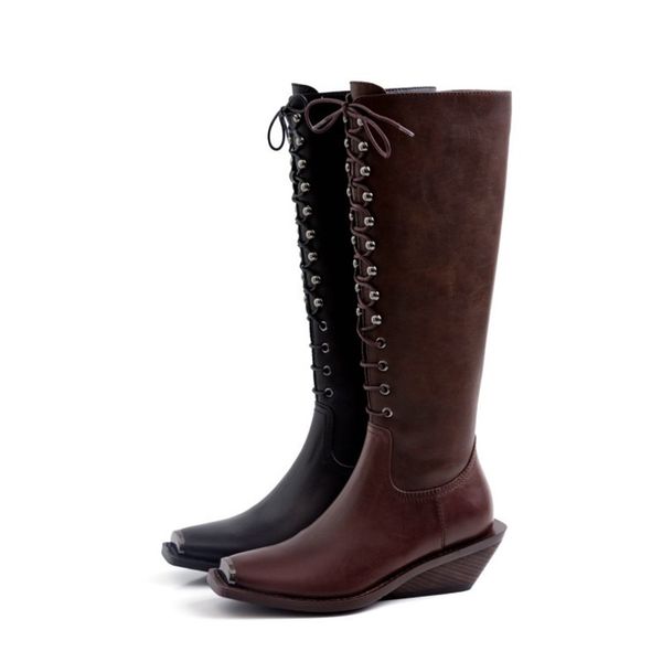 retro autumn/winter metal square toe genuine leather cowgirl knee high boots woman platform wedges lace-up knight boots 210507, Black
retro autumn/winter metal square toe genuine leather cowgirl knee high boots woman platform wedges lace-up knight boots 210507, Black
