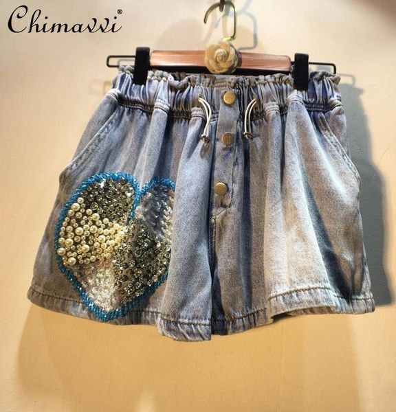 women's shorts 2021 summer women casual diamond beaded heart-shaped stitching high waist slimming wide-leg denim, White;black
women's shorts 2021 summer women casual diamond beaded heart-shaped stitching high waist slimming wide-leg denim, White;black