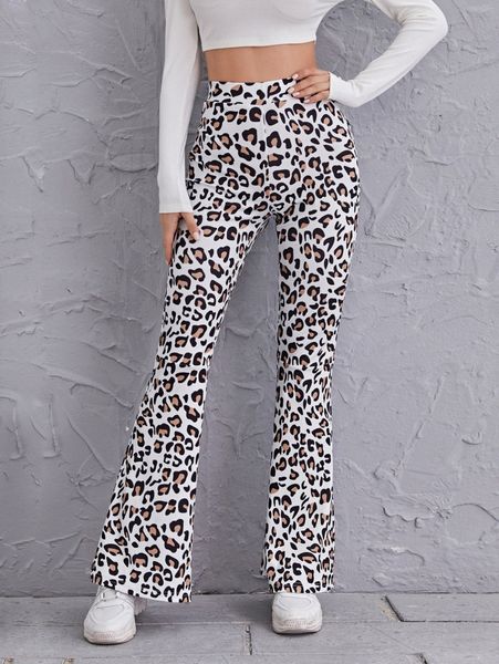 high waist leopard flare leg pants c7mi#, Black;white