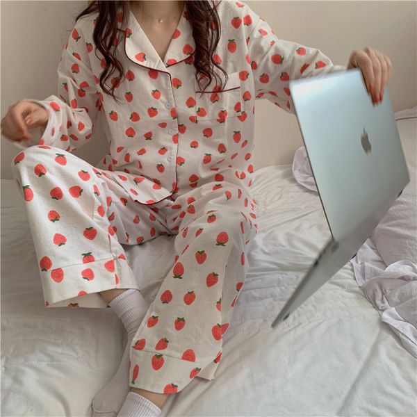 women's sleepwear full cotton korean sleepwear strawberry print sweet home clothes spring autumn pajamas for women long sleeve cardigan, Black;red
women's sleepwear full cotton korean sleepwear strawberry print sweet home clothes spring autumn pajamas for women long sleeve cardigan, Black;red